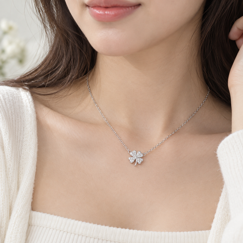 925 Sterling Silver Pavé Four-Leaf Clover Necklace