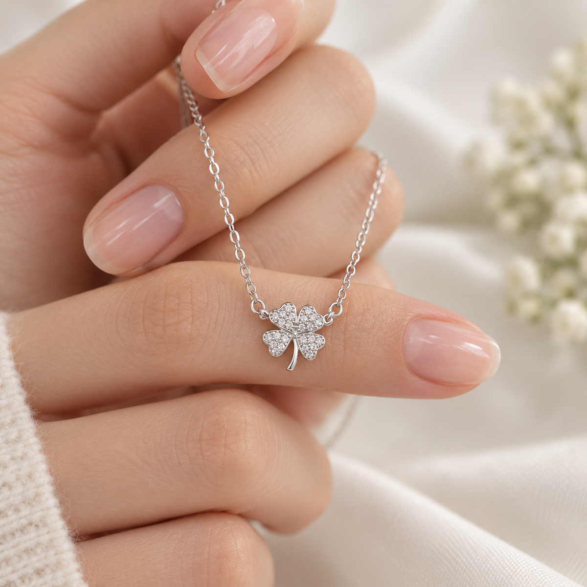 925 Sterling Silver Pavé Four-Leaf Clover Necklace